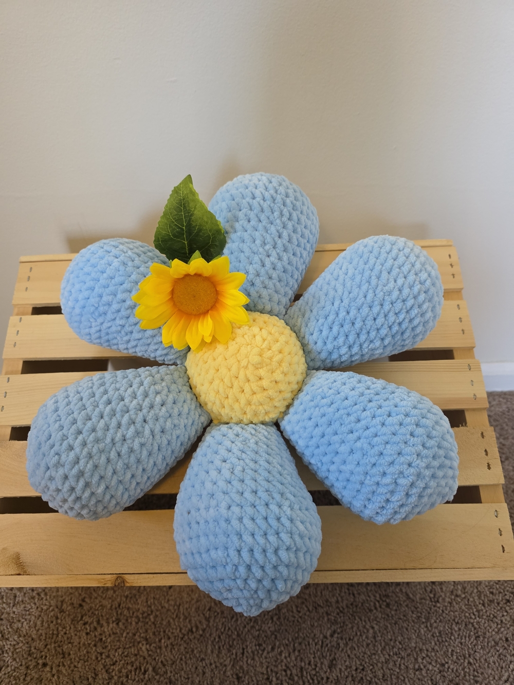 Handmade Crochet Flower Decorative Blue Daisy Pillow
